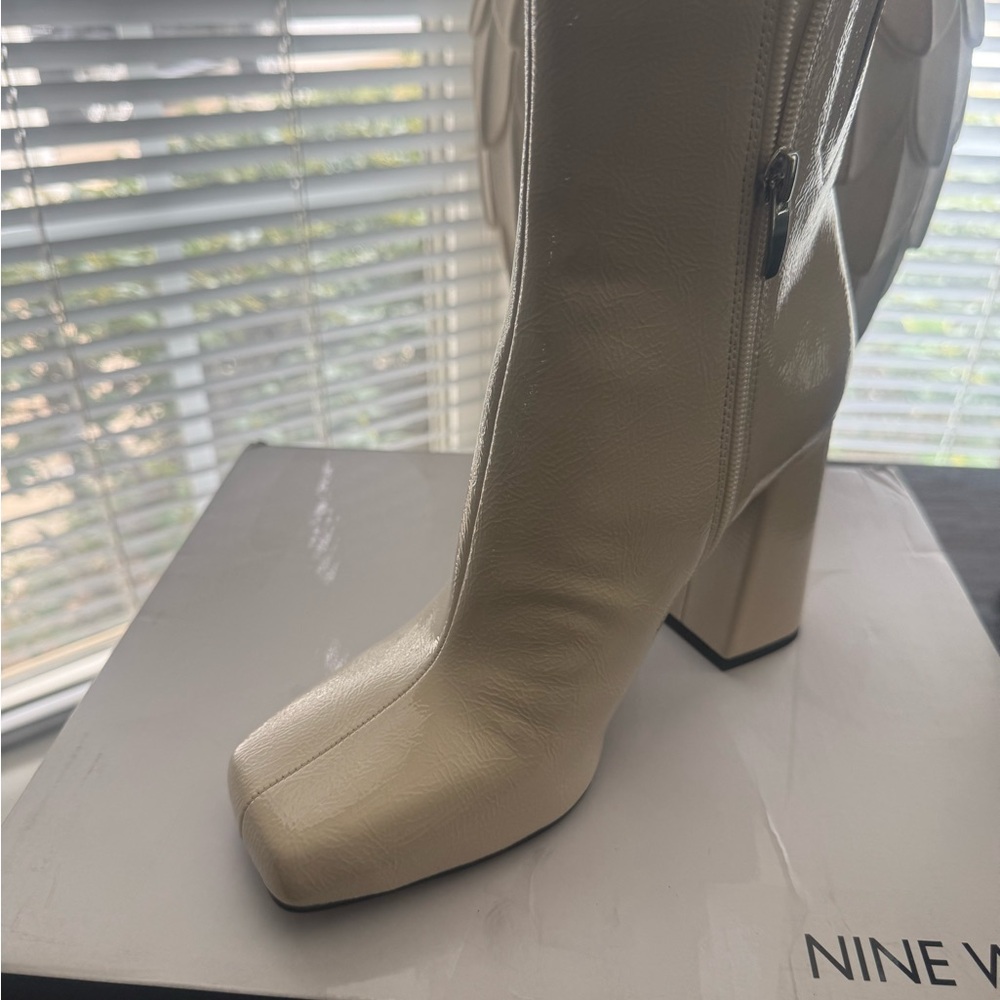 Nine West Cream Chunky Heel Heeled Boots